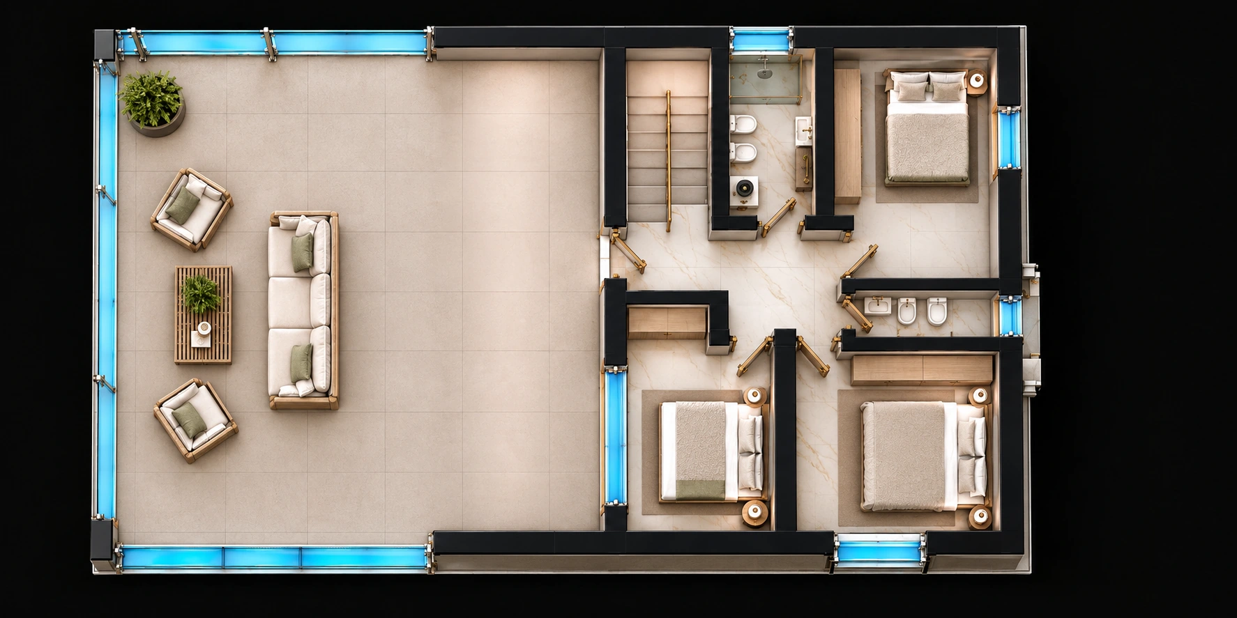 Drei Schlafzimmer und Zugang zur Terrasse · Illustrative räumliche Visualisierung