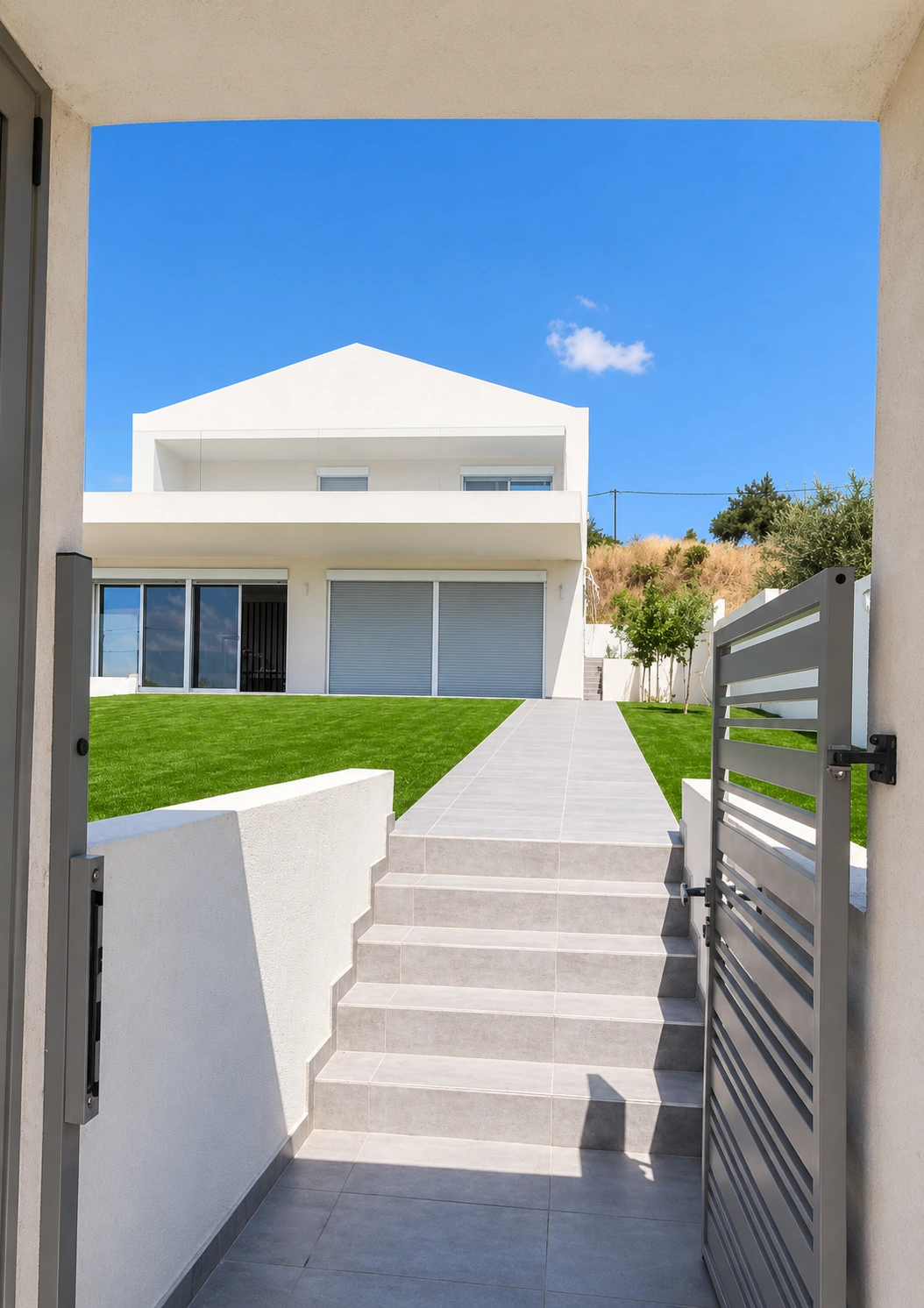 Zugang zur Villa von der Straße · Gartentor, Treppe und Gartenweg